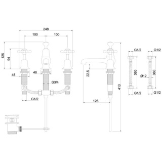 Burlington Claremont 3 Tap Hole Mixer with Pop-up Waste